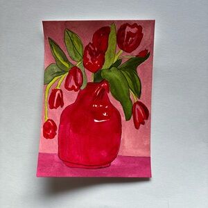 Red Tulip Vase Watercolor Art